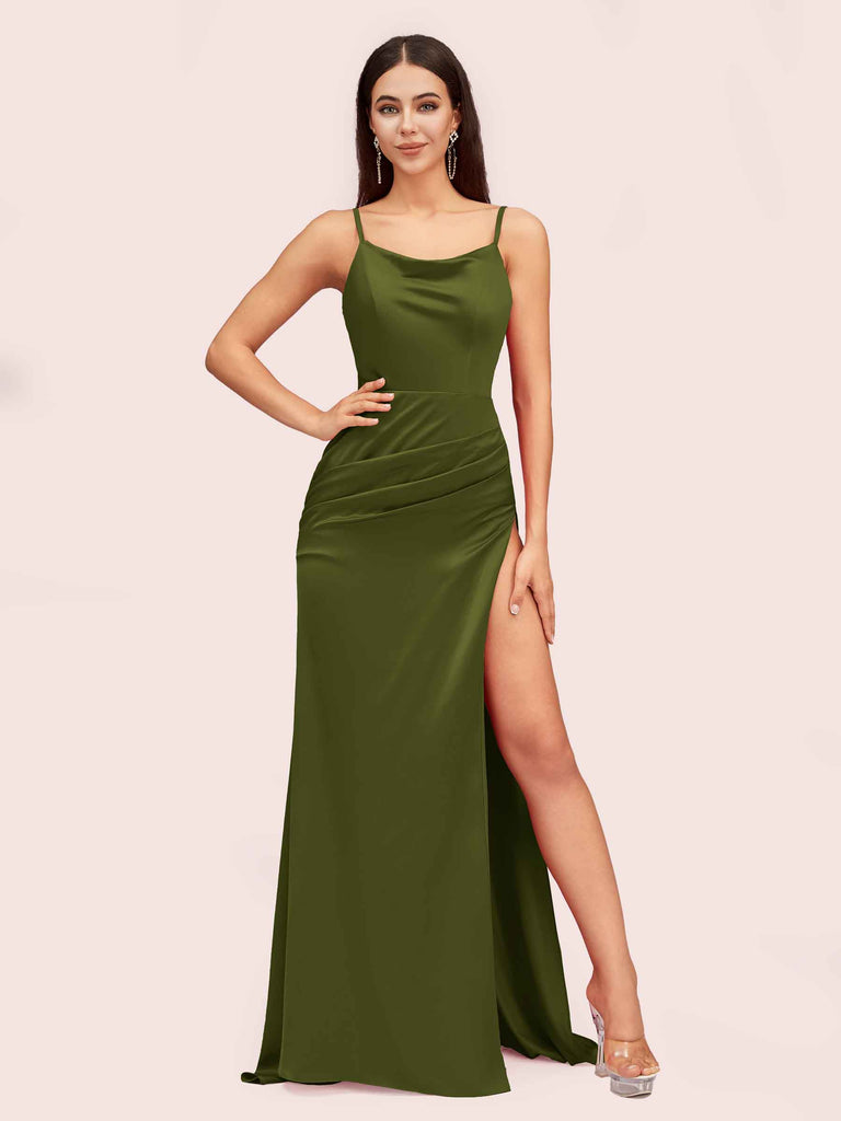 Sexy Spaghetti Straps Mermaid Long Soft Satin Bridesmaid Dresses With Slit Sexy Spaghetti Straps Mermaid Long Soft Satin Bridesmaid Dresses With Slit