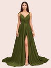 Elegant Spaghetti Straps V-neck Long Soft Satin Side Slit Bridesmaid Dresses