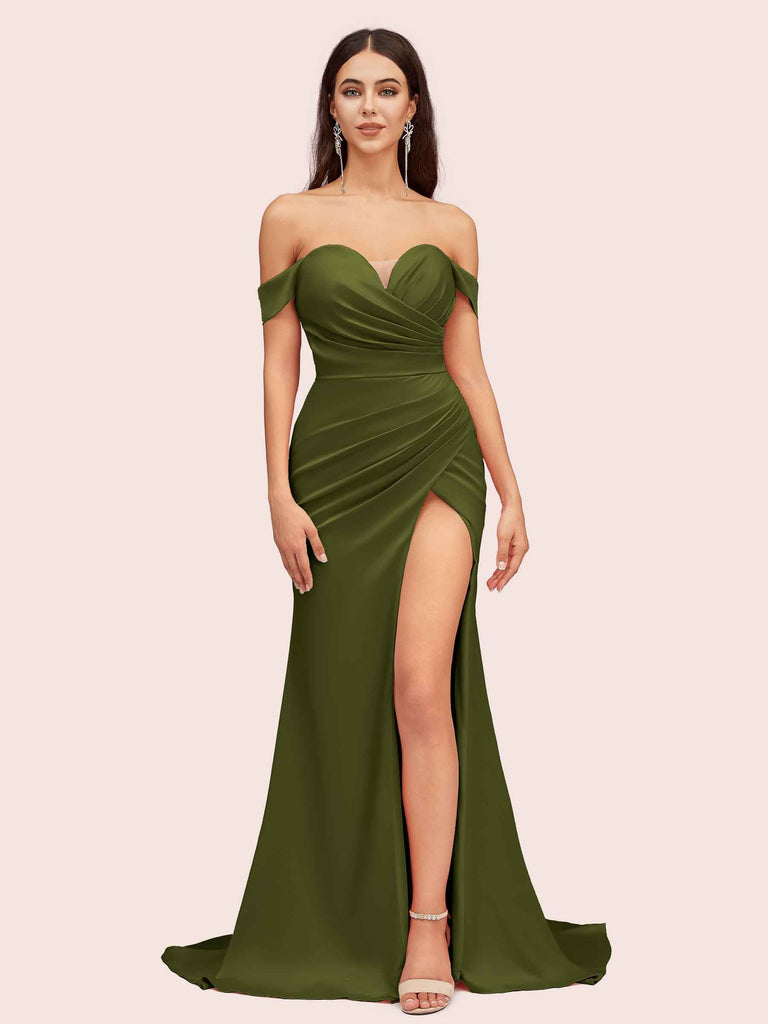 Sexy Side Slit Off Shoulder Long Silky Satin Mermaid Formal Prom Dresses Online Sexy Side Slit Off Shoulder Long Silky Satin Mermaid Formal Prom Dresses Online