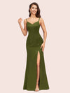 Simple Spaghetti Straps Mermaid Long Silky Satin evening Prom Dresses With Slit