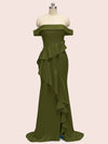 Sexy Off Shoulder Ruffles Long Soft Satin Party Prom Dresses With Slit