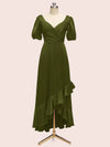 Beautiful Short Sleeves V-Neck Soft Satin Cheap Short Bridesmaid Dresses