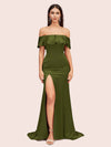 Elegant Soft Satin Off Shoulder Long Mermaid Graduation Prom Dresses With Slit