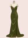 Sexy Spaghetti Straps V-neck Mermaid Long Satin Graduation Prom Dresses With Slit