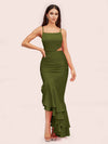 Sexy Unique Mermaid Spaghetti Straps Asymmetrical Soft Satin Formal Prom Dresses
