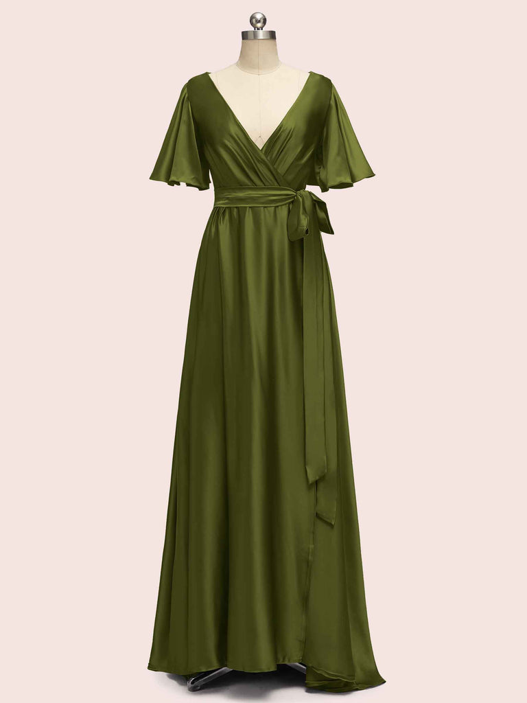 Elegant V-Neck A-Line Long Soft Satin Short Sleeve Bridesmaid Dresses Elegant V-Neck A-Line Long Soft Satin Short Sleeve Bridesmaid Dresses