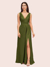 Sexy V-neck Long Side Slit Silk Satin Evening Prom Dresses Online