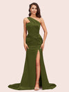 Sexy Mermaid One Shoulder Long Soft Satin Side Slit Bridesmaid Dresses Online For Sale