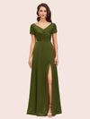 Elegant V-Neck Short Sleeves Long Soft Satin Party Prom Dresses With Slit