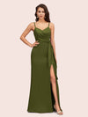 Sexy Spaghetti Straps V-neck Long Mermaid Satin Graduation Prom Dresses With Slit
