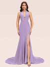 Sexy Halter Side Slit Open Back Stretchy Jersey Long Mermaid Bridesmaid Dresses Online