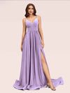 Sexy Side Slit Spaghetti Straps V-neck Jersey Long Bridesmaid Dresses Online For Sale