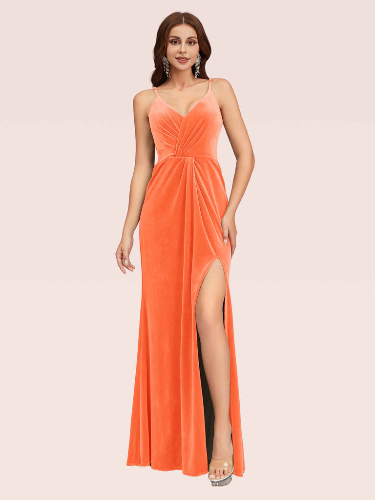 Sexy Spaghetti Strap V-Neck Long Velvet Bridesmaid Dress With Slit