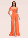 Elegant Velvet V-neck Side Slit Short Sleeves Long Bridesmaid Dresses Online