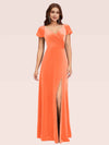 Sexy Side Slit Short Sleeves Velvet V-neck Long Bridesmaid Dresses