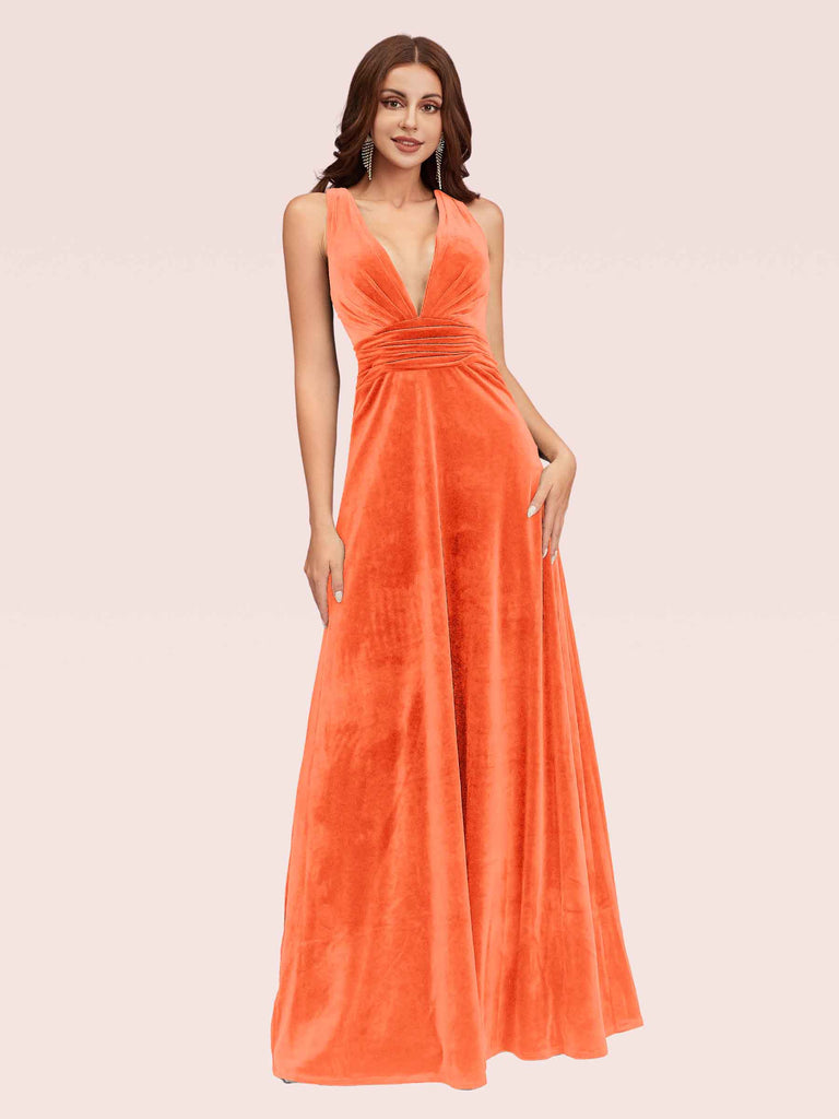 Cetims Elegant Deep V Neck Velvet Bridesmaid Dress Terracotta