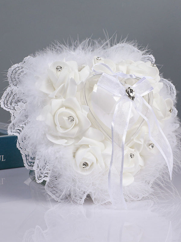 Heart-Shaped Rose Accessories Lace Creative Ostrich Feather Wedding Ring Pillow , JZH-5718
