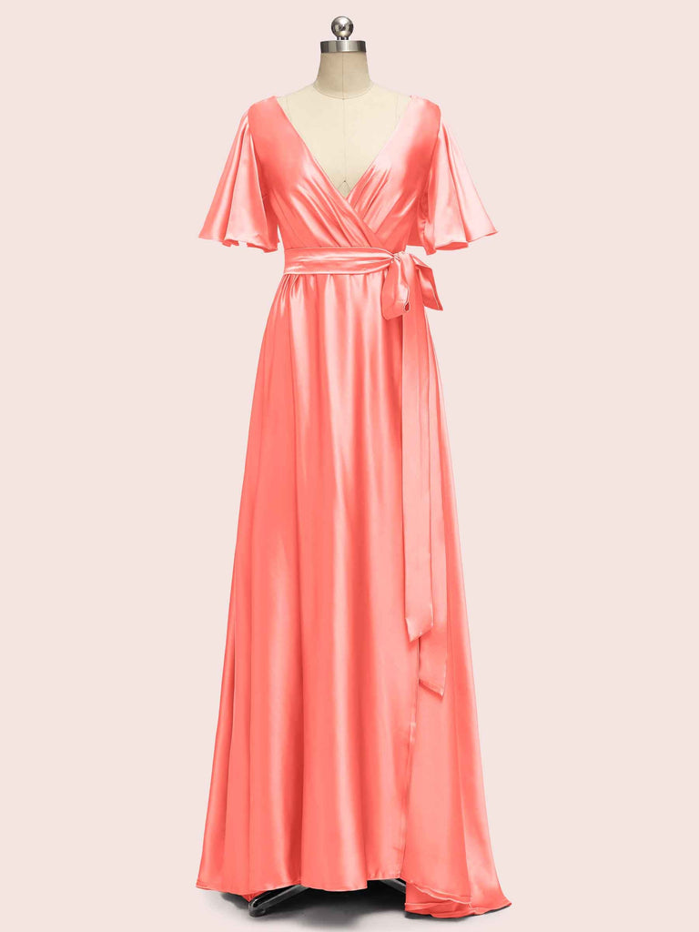 Elegant Bat Sleeves A-Line Long Soft Satin Party Prom Dresses Online