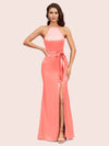 Sexy Mermaid Halter Long Silky Satin Party Prom Dresses With Slit