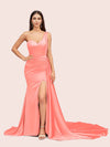 Sexy Mermaid One Shoulder Long Soft Satin Side Slit Bridesmaid Dresses For Sale
