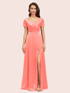 Elegant V-Neck Short Sleeves Long Soft Satin Party Prom Dresses With Slit