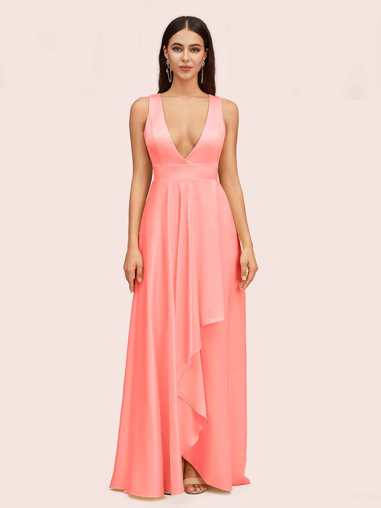 Elegant A-Line V-Neck Long Soft Satin Bridesmaid Dresses Online Elegant A-Line V-Neck Long Soft Satin Bridesmaid Dresses Online