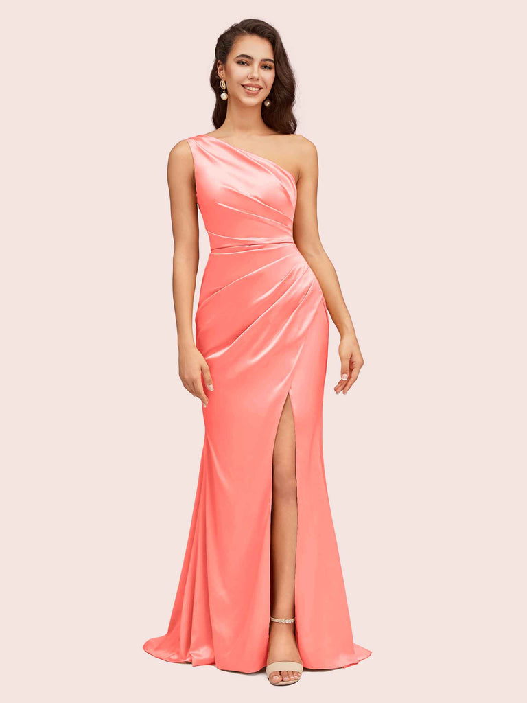 Elegant One Shoulder Mermaid Side Slit Soft Satin Bridesmaid Dresses Elegant One Shoulder Mermaid Side Slit Soft Satin Bridesmaid Dresses