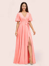 Elegant A-line V-neck Short Sleeves Long Bridesmaid Dresses With Slit