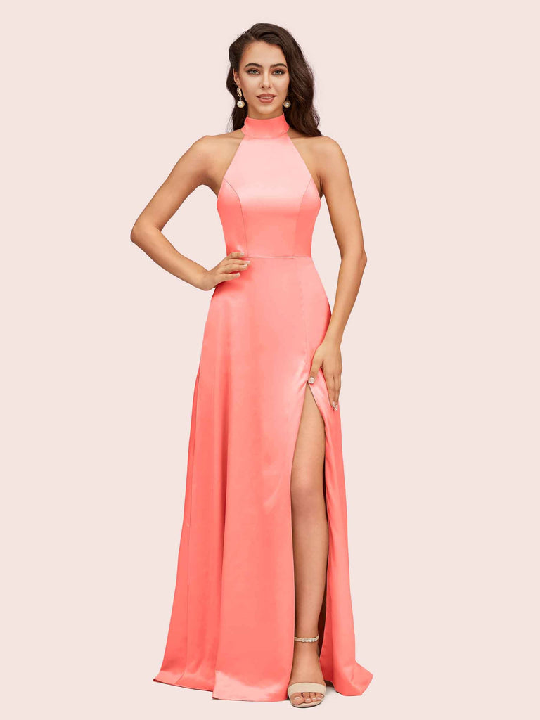 Elegant Halter Open Back Long Side Split Long Soft Satin Formal Prom Dresses Elegant Halter Open Back Long Side Split Long Soft Satin Formal Prom Dresses