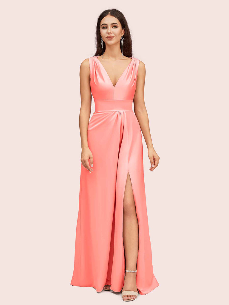 Sexy V-neck Long Side Slit Soft Satin Bridesmaid Dresses Online Sexy V-neck Long Side Slit Soft Satin Bridesmaid Dresses Online