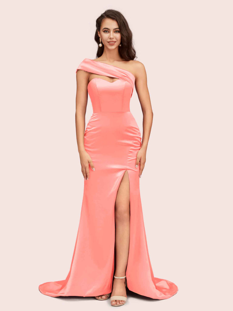 Sexy Mermaid One Shoulder Long Soft Satin Bridesmaid Dresses With Slit Sexy Mermaid One Shoulder Long Soft Satin Bridesmaid Dresses With Slit