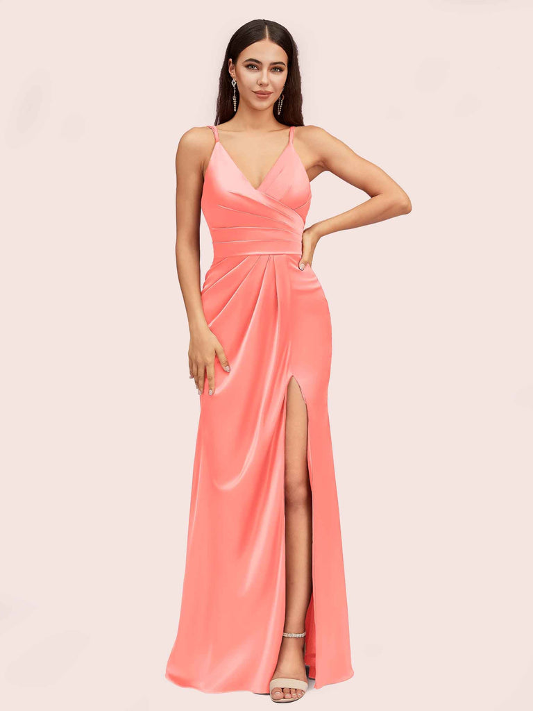 Sexy Spaghetti Straps V-neck Long Silky Soft Satin Formal Prom Dresses With Slit