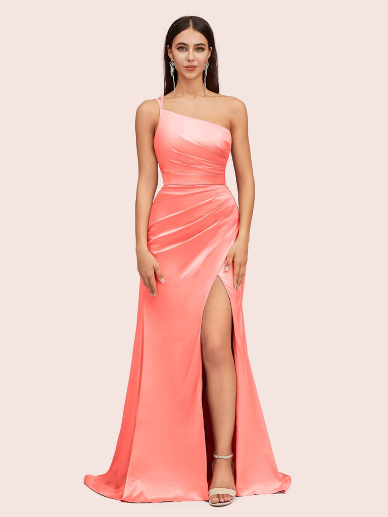 Satin One Shoulder Side Slit Long Bridesmaid Dresses