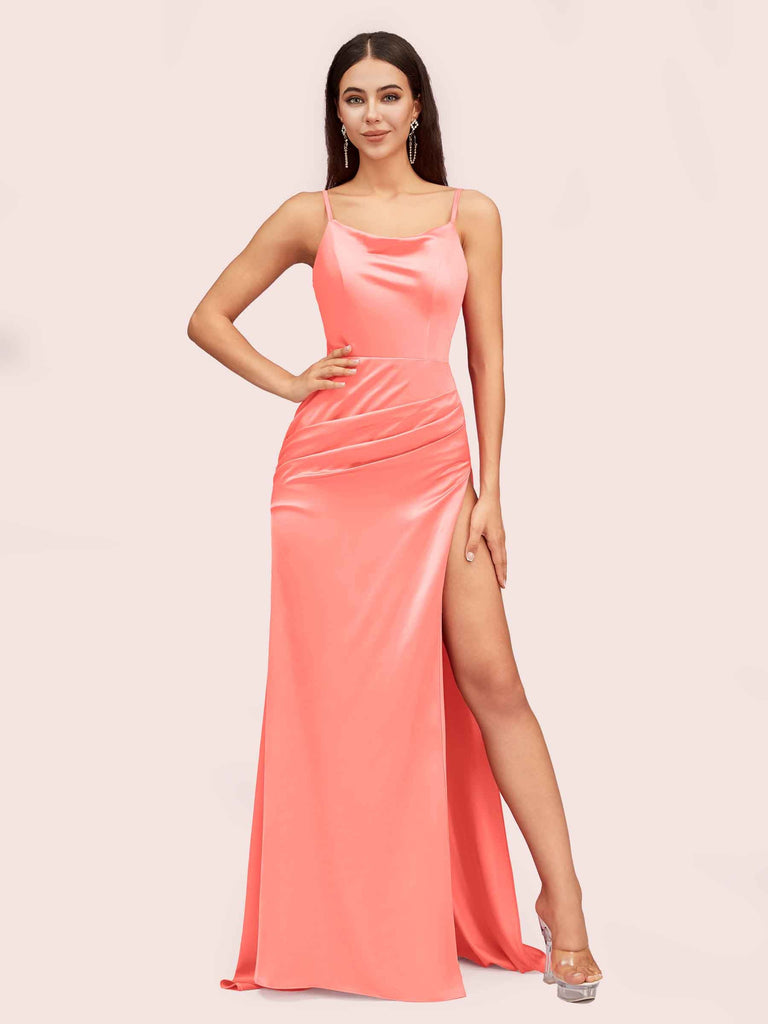 Sexy Spaghetti Straps Mermaid Long Soft Satin Graduation Prom Dresses With Slit Sexy Spaghetti Straps Mermaid Long Soft Satin Graduation Prom Dresses With Slit