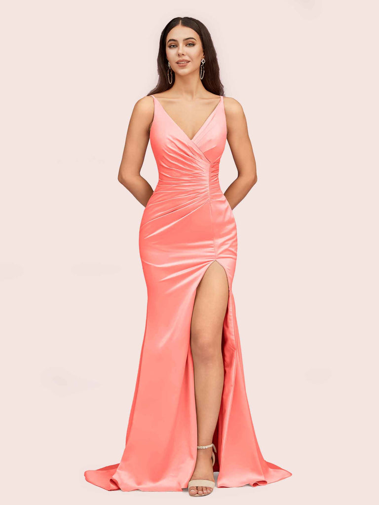 Sexy Mermaid V-neck Side Slit Long Soft Satin Graduation Prom Dresses Online Sexy Mermaid V-neck Side Slit Long Soft Satin Graduation Prom Dresses Online