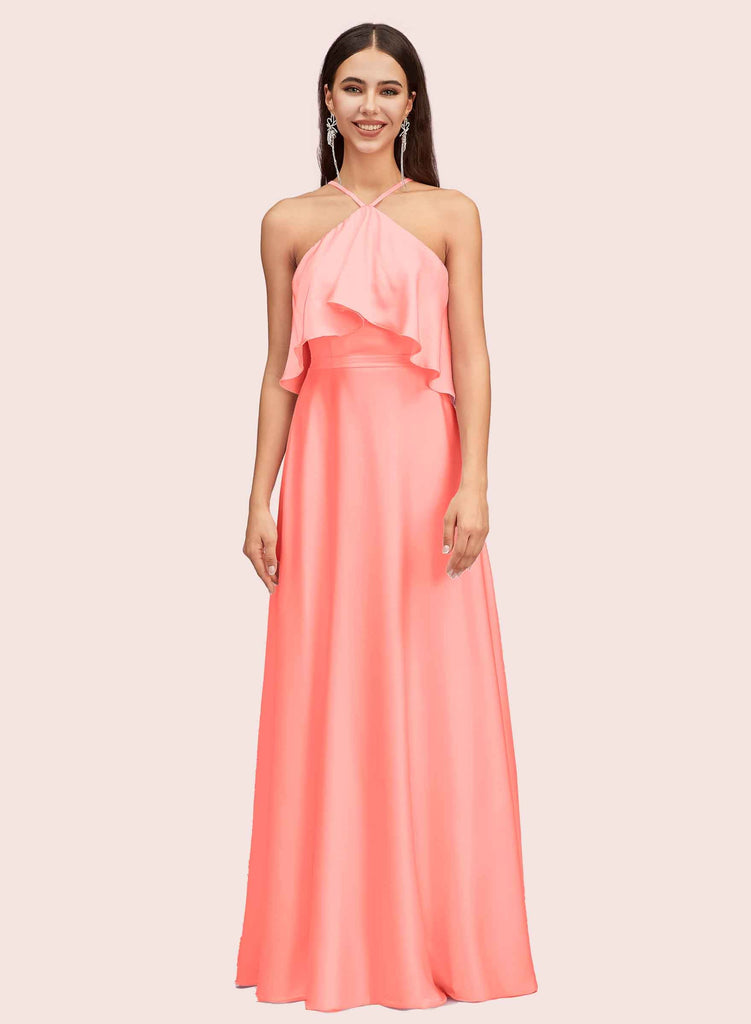 Cetims Cute Halter Sleeveless Long Soft Satin Graduation Prom Dresses Online pretty Prom Dresses Cute Prom Dresses Flamingo