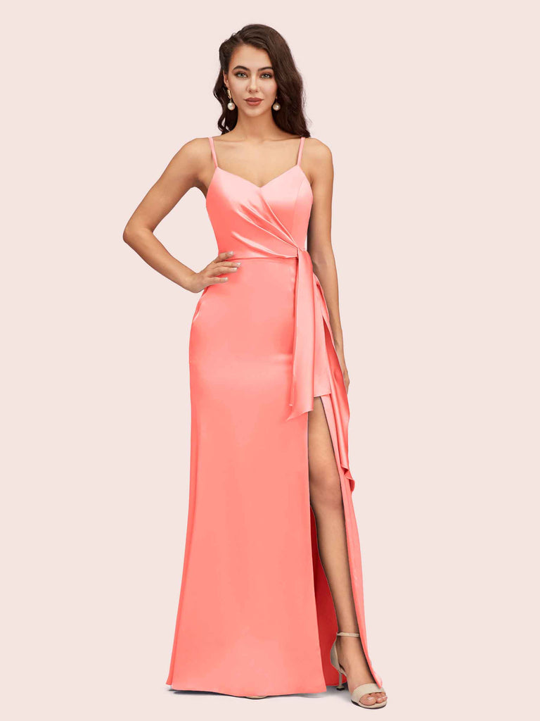Sexy Spaghetti Straps V-neck Long Mermaid Satin Bridesmaid Dresses With Slit