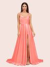 Elegant A-line Spaghetti Straps Long Silky Satin Evening Prom Dresses With Slit