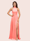 Elegant A-line High Neck Long Side Split Long Soft Satin Bridesmaid Dresses For Sale