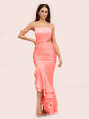 Sexy Unique Mermaid Spaghetti Straps Asymmetrical Soft Satin Formal Prom Dresses