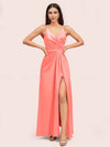 Modern Spaghetti Straps V-neck Side Slit Long Satin Bridesmaid Dresses With Slit