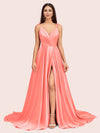 Elegant Spaghetti Straps A-line V-neck Long Soft Satin Side Slit Formal Prom Dresses