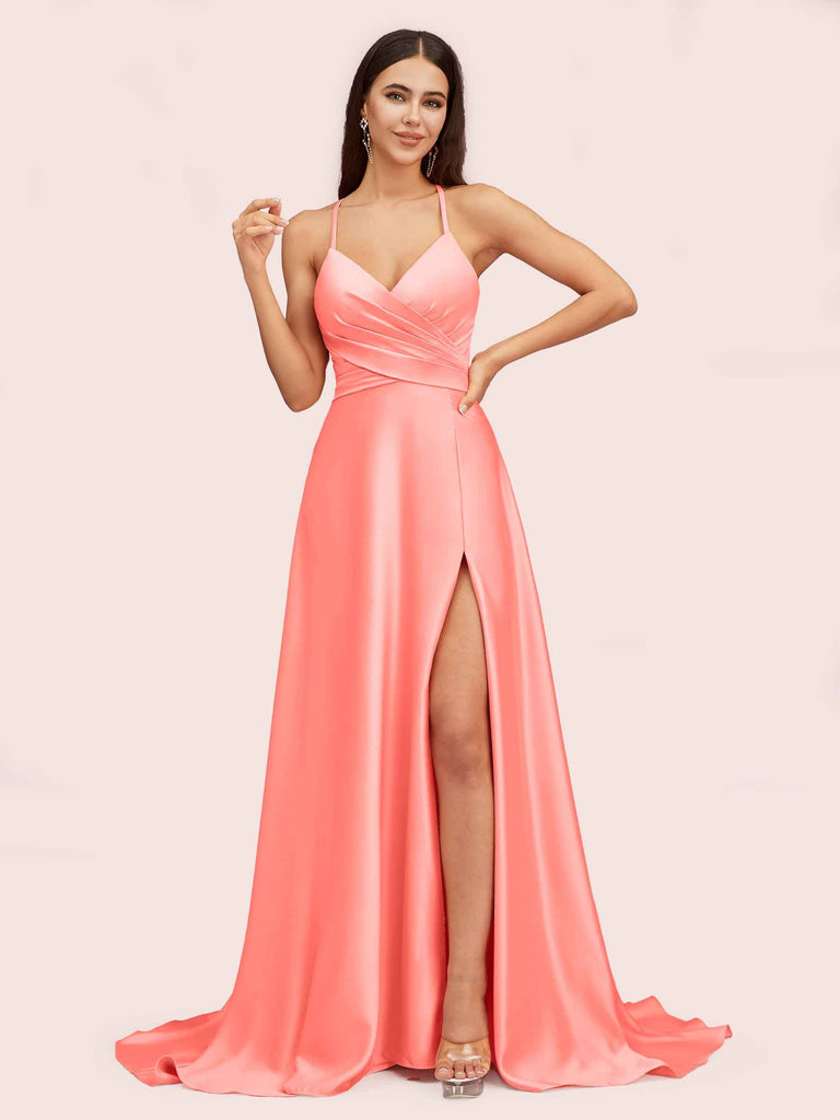 Elegant A-line Spaghetti Straps Long Soft Satin Party Prom Dresses With Slit Elegant A-line Spaghetti Straps Long Soft Satin Party Prom Dresses With Slit