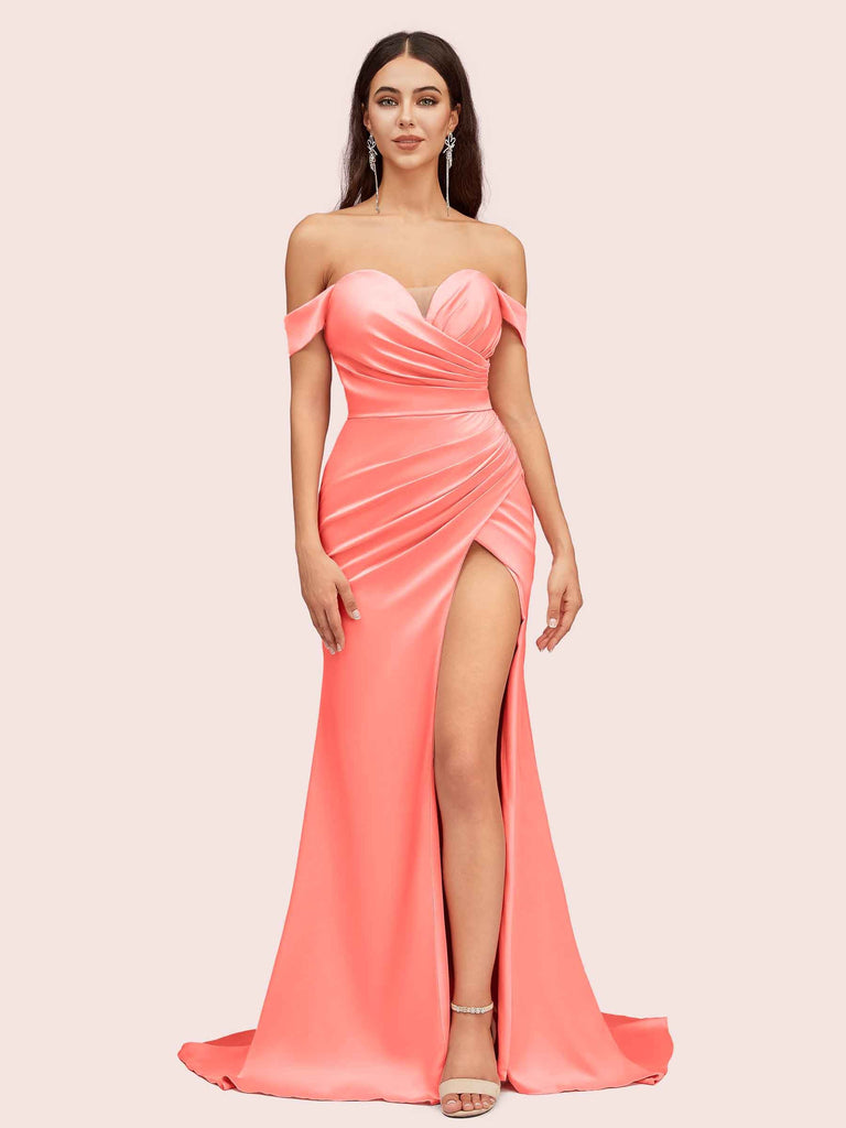 Sexy Side Slit Off Shoulder Long Soft Satin Mermaid Bridesmaid Dresses For Sale Sexy Side Slit Off Shoulder Long Soft Satin Mermaid Bridesmaid Dresses For Sale