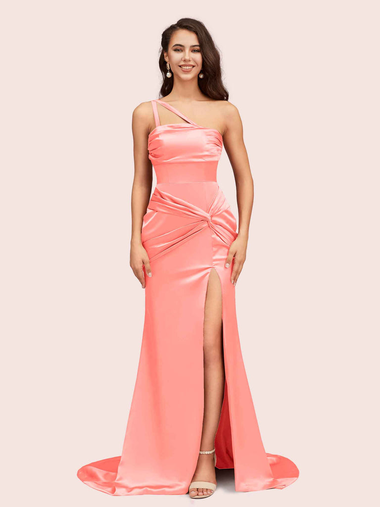 Cetims Elegant Mermaid One Shoulder Unique Side Split Long Satin Bridesmaid Dresses Fot Wedding Guest Flamingo
