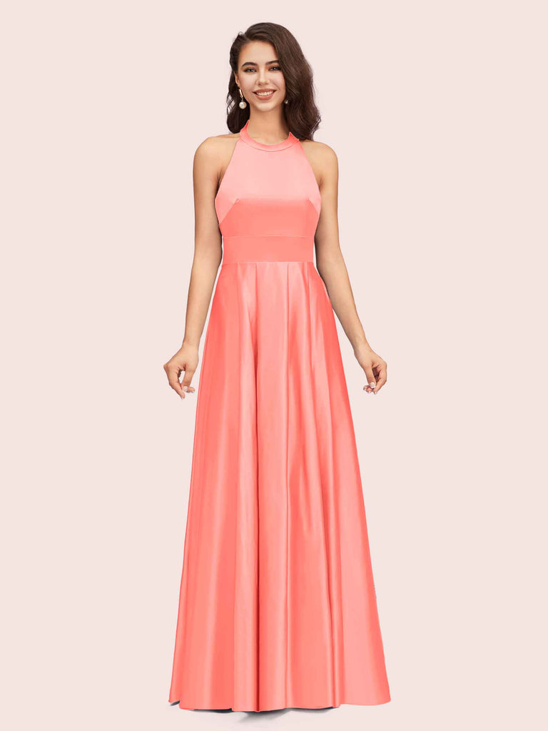 Elegant Halter A-line Long Satin Bridesmaid Dresses Online With Bow Elegant Halter A-line Long Satin Bridesmaid Dresses Online With Bow