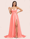 Elegant A-line Spaghetti Straps Long Soft Satin Bridesmaid Dresses With Slit For Sale