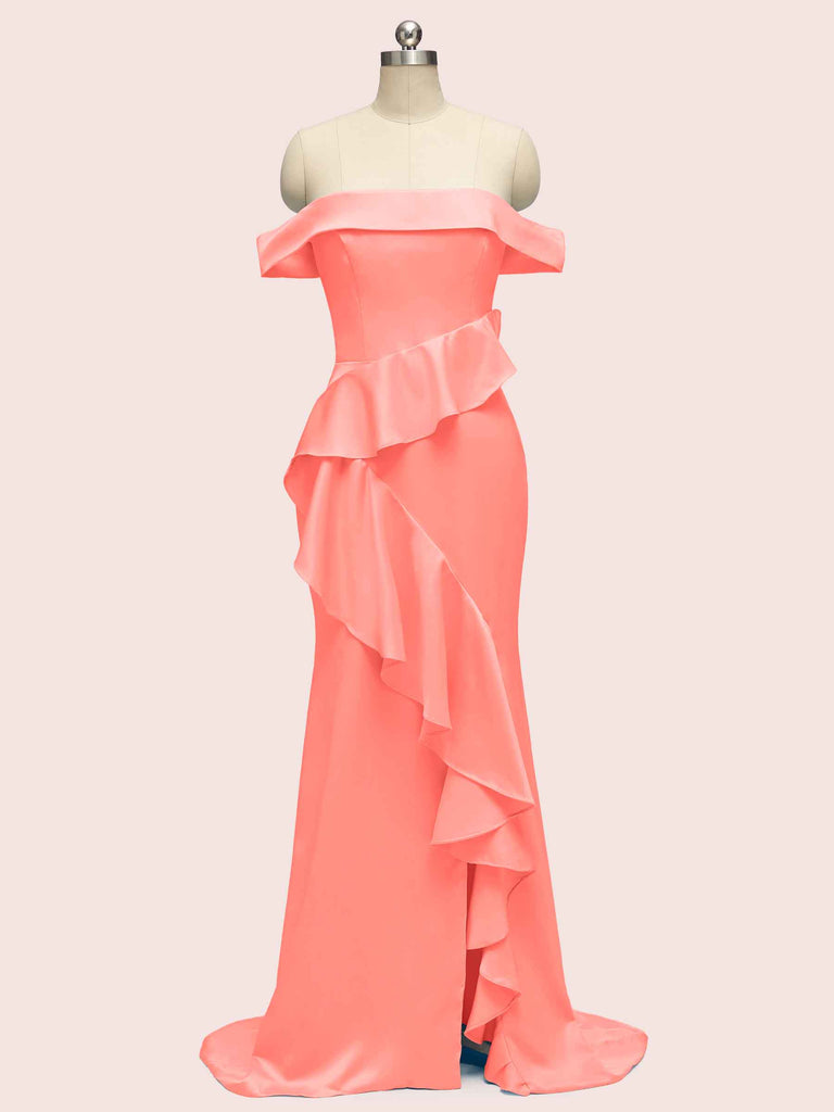 Sexy Off Shoulder Side Slit Long Soft Satin Bridesmaid Dresses With Ruffle Sexy Off Shoulder Side Slit Long Soft Satin Bridesmaid Dresses With Ruffle