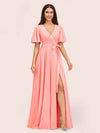 Elegant V-neck Short Sleeves Long Soft Satin Party Prom Dresses With Slit