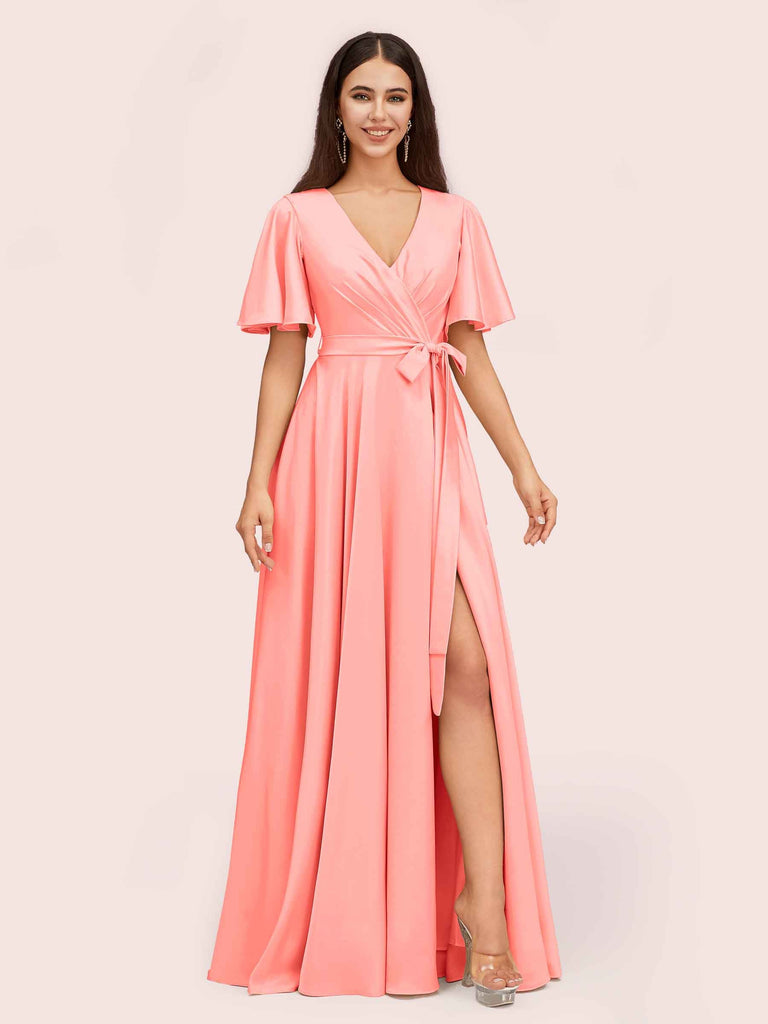 Elegant V-neck Short Sleeves Long Soft Satin Party Prom Dresses With Slit